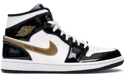 Jordan 1 Mid Patent Black White Gold